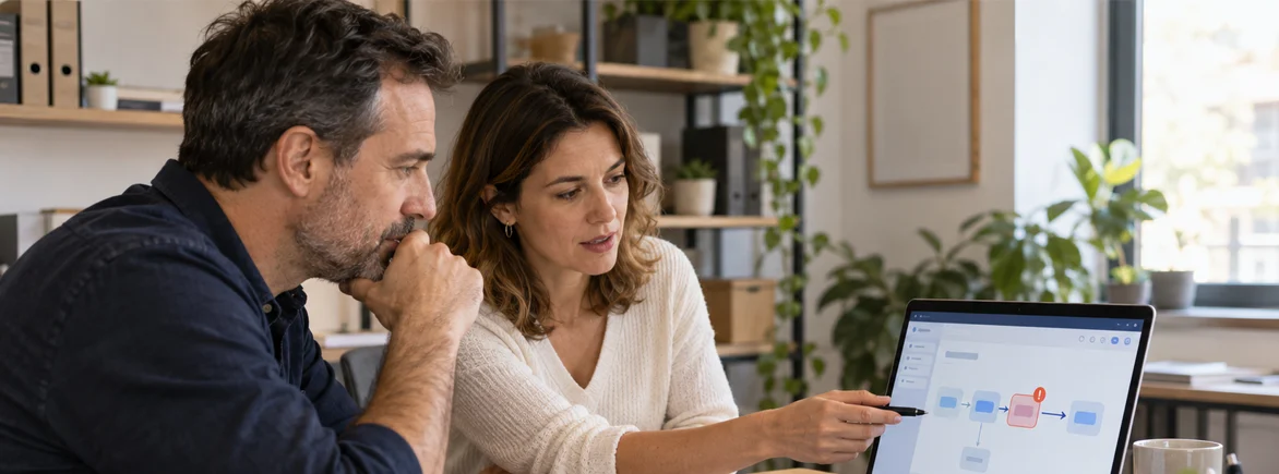 Deux personnes analysent un processus affiché sur un ordinateur portable.