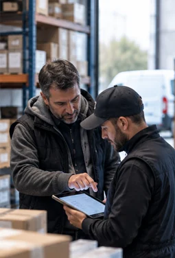 Deux collaborateurs examinent leurs procédures dans un atelier.